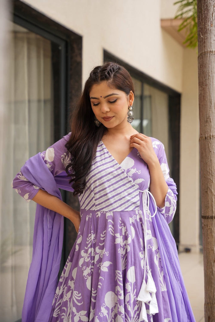 Evadne Purple Printed Cotton Suit Set