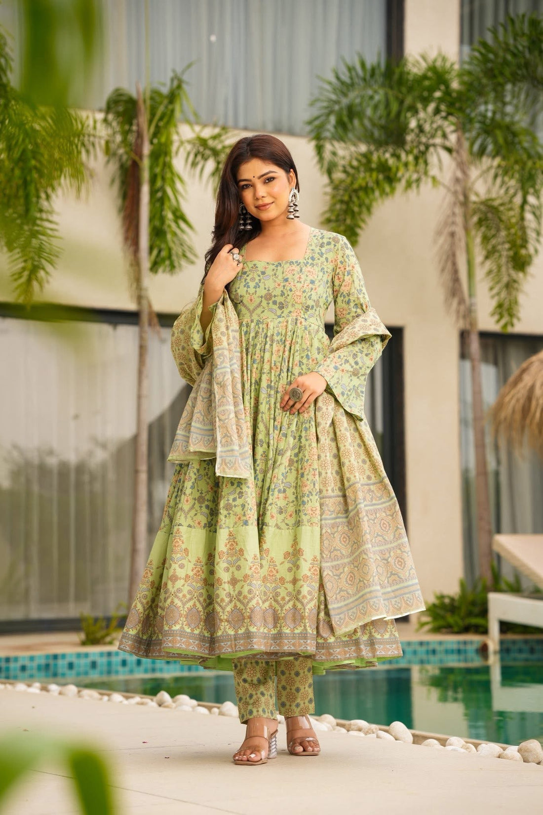 Danika Pastel Printed Cotton Anarkali Suit Set