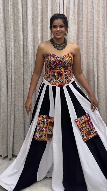 Black &amp White Stripe Gamthi Fusion Georgette Lehenga Set