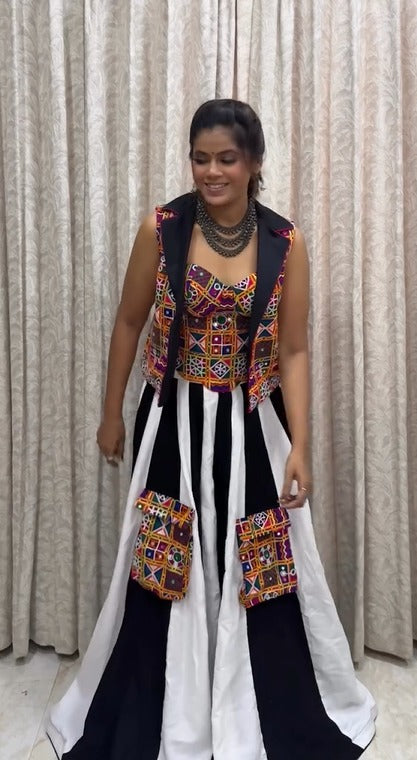 Black &amp White Stripe Gamthi Fusion Georgette Lehenga Set