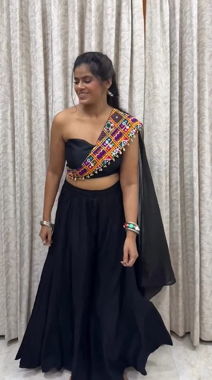 Black &amp White Stripe Gamthi Fusion Georgette Lehenga Set