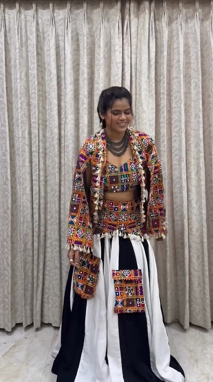 Black &amp White Stripe Gamthi Fusion Georgette Lehenga Set