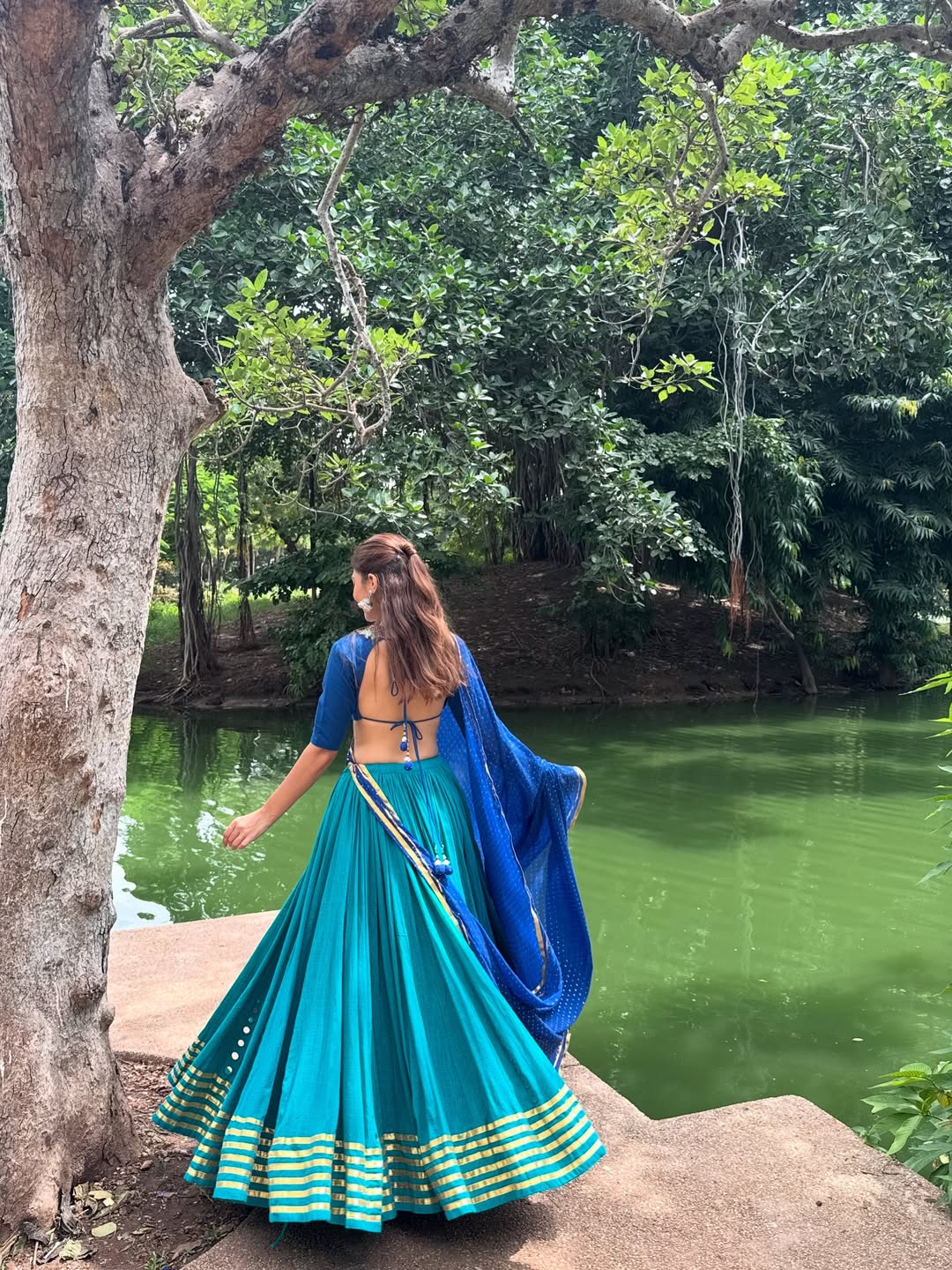 Royal Blue &amp; Teal Silk Lehenga Set with Golden Detailing