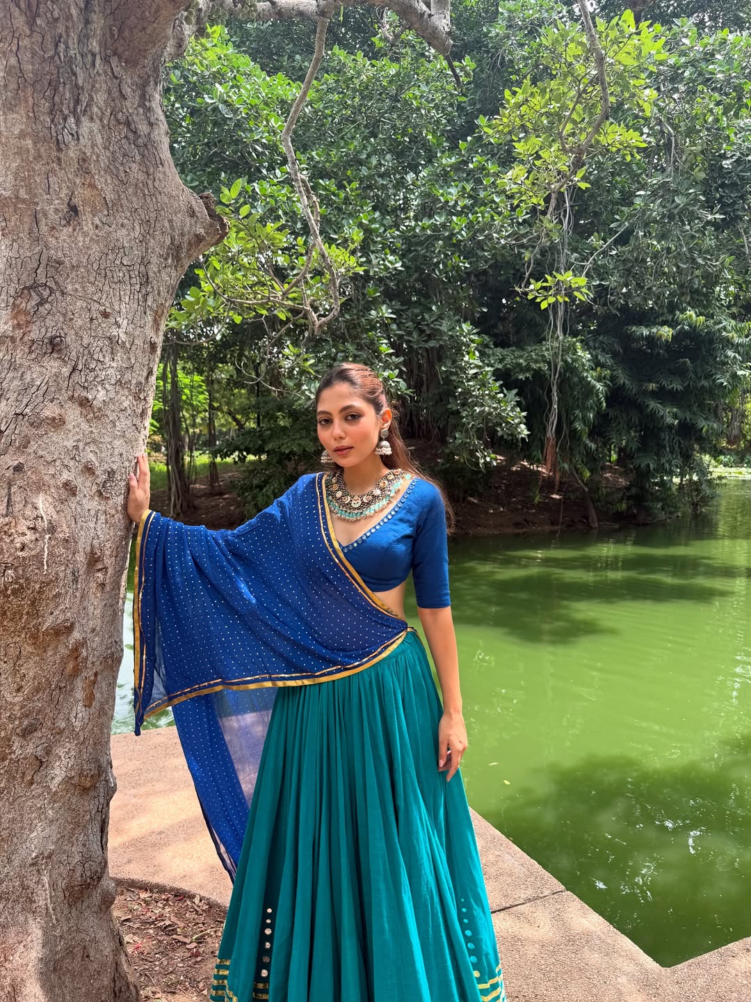 Royal Blue &amp; Teal Silk Lehenga Set with Golden Detailing