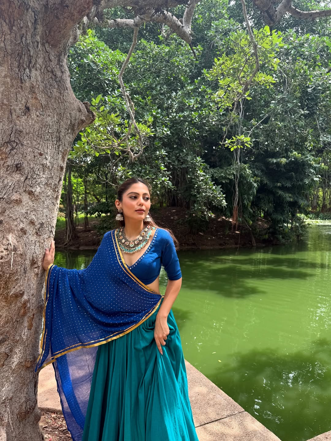 Royal Blue &amp; Teal Silk Lehenga Set with Golden Detailing