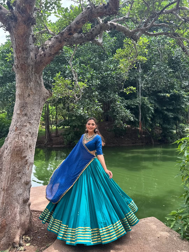 Royal Blue &amp; Teal Silk Lehenga Set with Golden Detailing